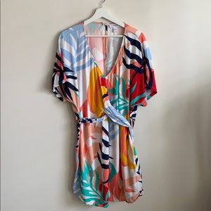 Tropical print kimono wrap dress